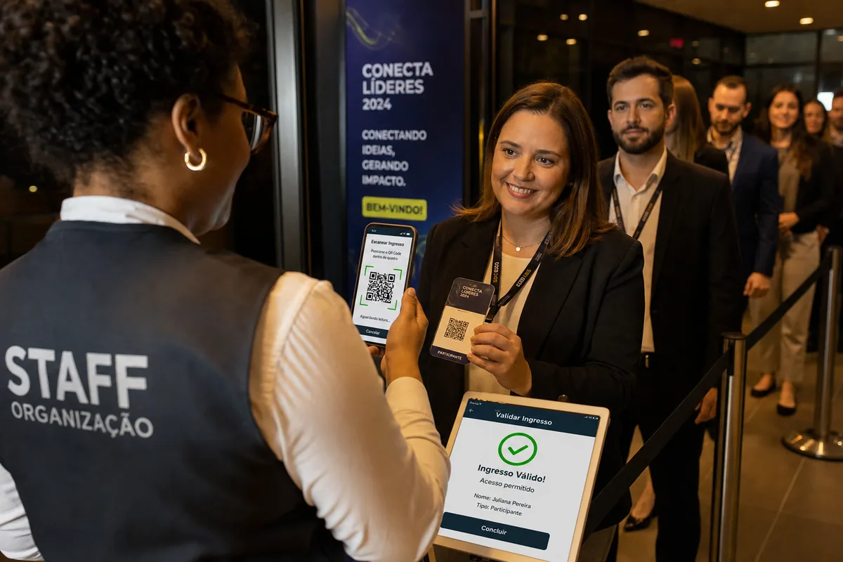 Participante mostrando o ingresso no celular para a equipe na recepção do evento