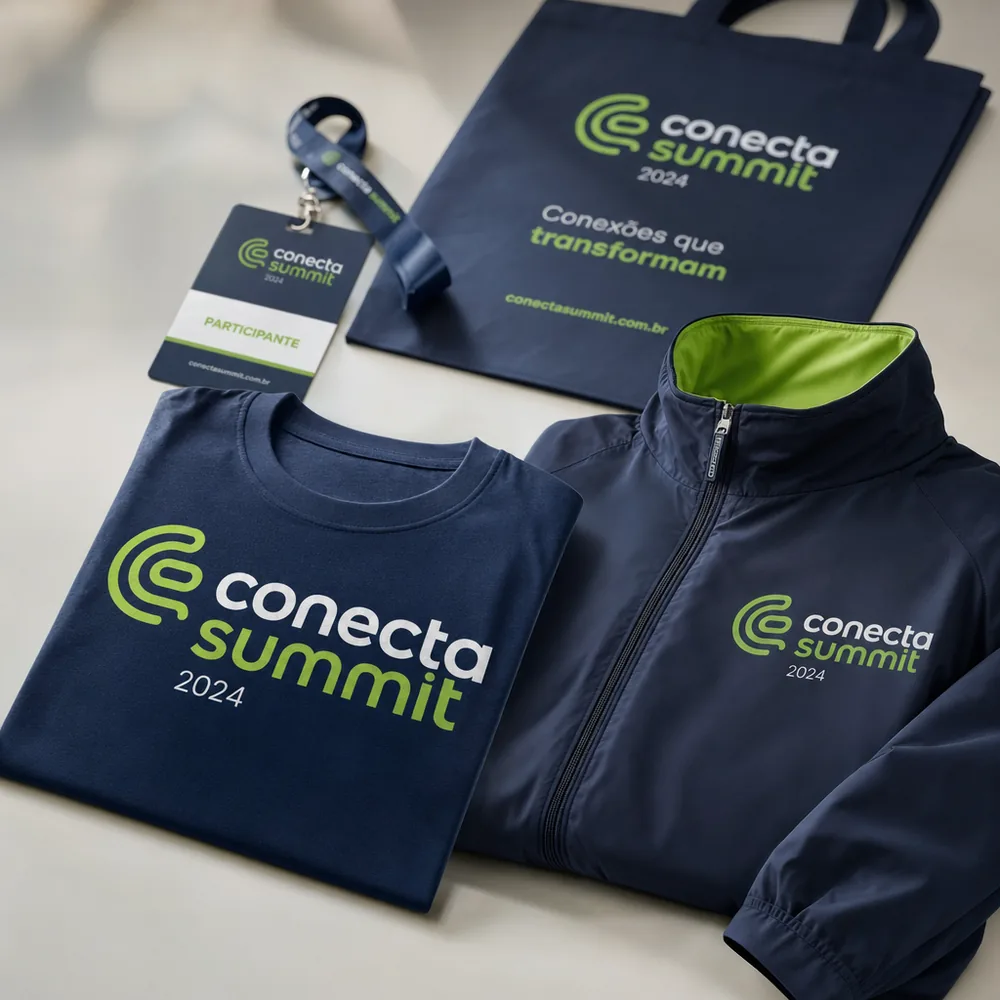 Camiseta e jaqueta personalizadas do evento, ao lado do crachá do participante