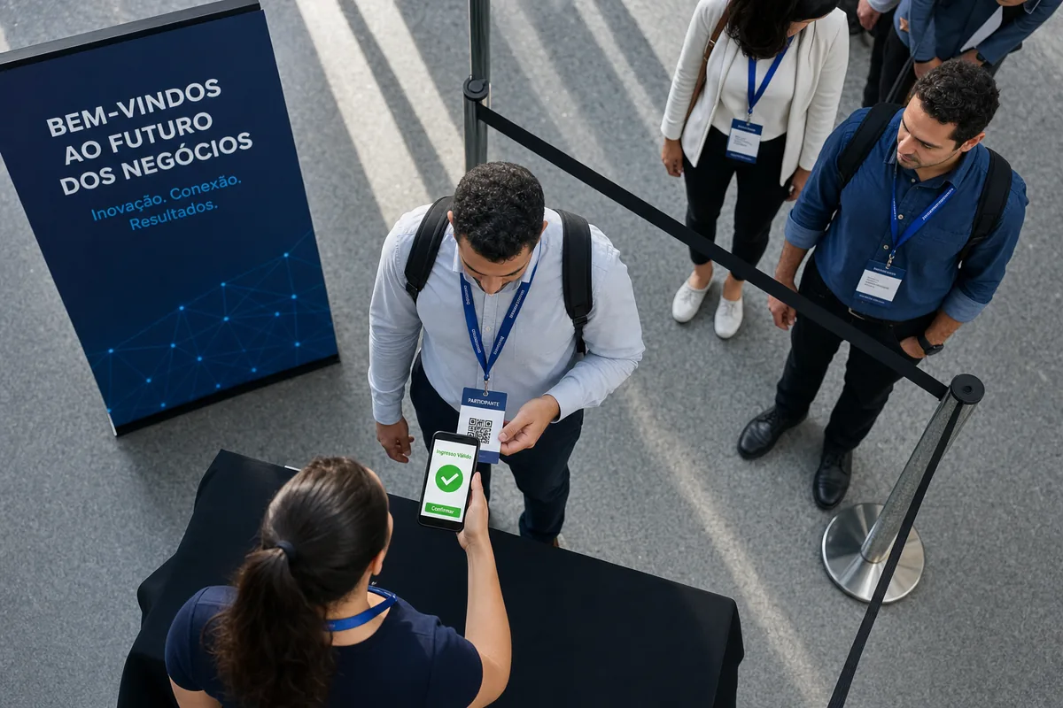 Equipe validando o ingresso pelo celular na entrada do evento, com a confirmação em verde na tela